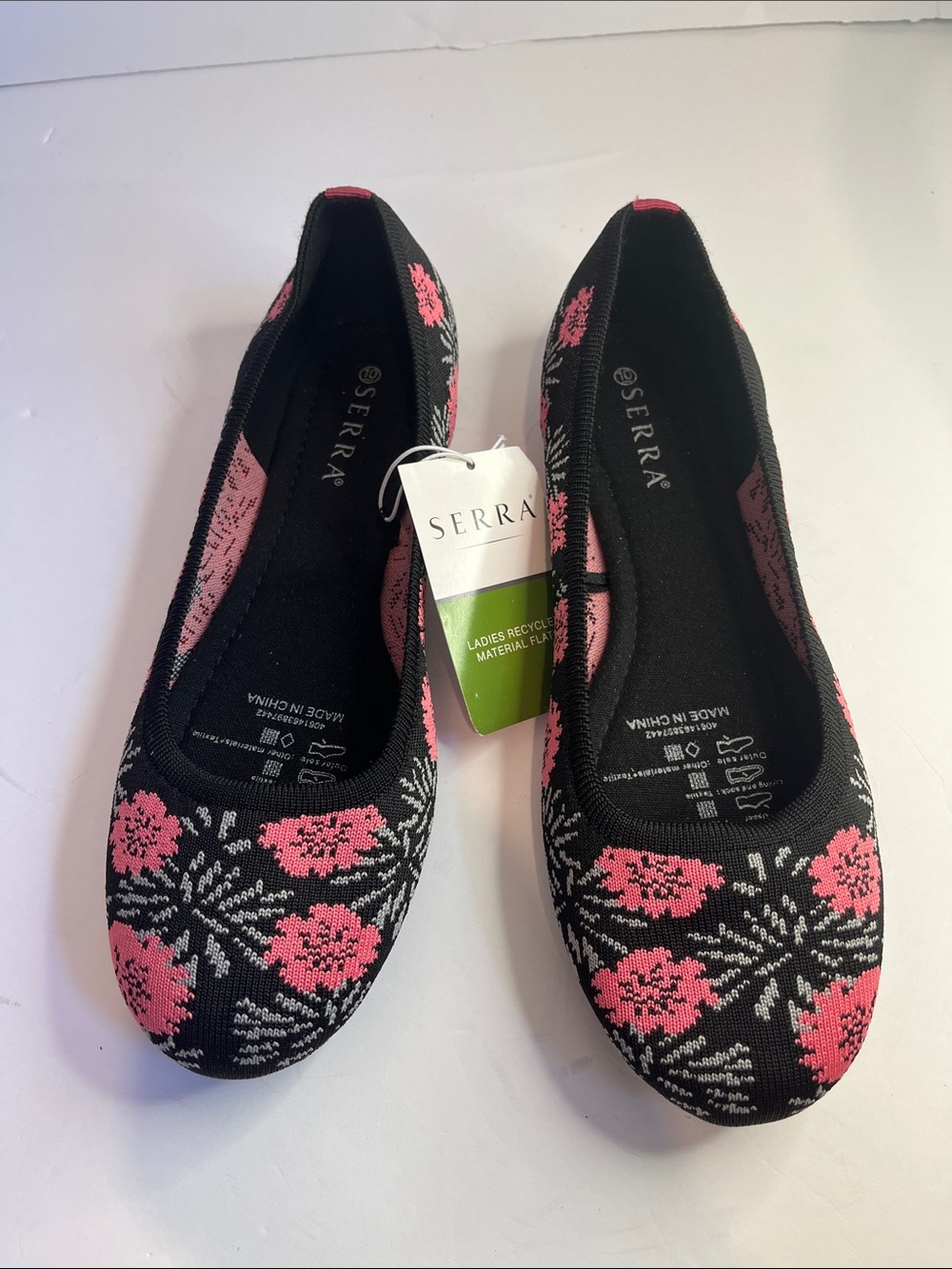 Serra Black Knit Ballet Flats with Pink Floral Embroidery